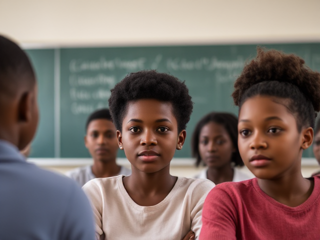 Élèves afro-américains devant un tableau  dans une salle de classe, ambiance studieuse et chaleureuse, tableau noir avec écriture visible, lumière naturelle entrant par la fenêtre