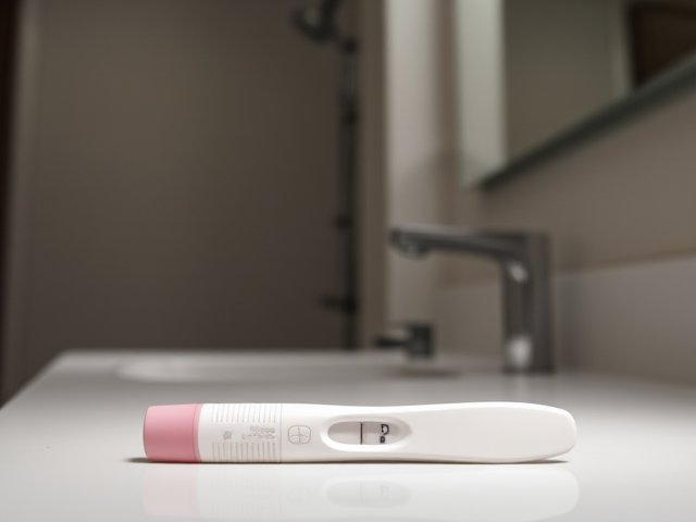 Positive pregnancy test laying flat on a white bathroom counter, with a silver sink, and a mirror