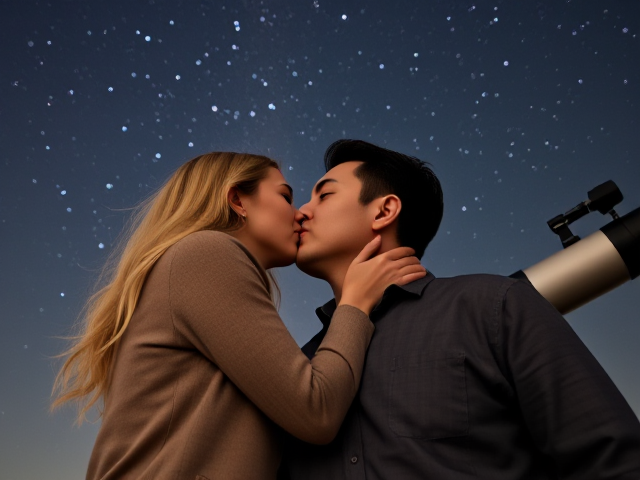 Show an image of a blonde 40 year old woman kissing a taller man beside a telescope with stars overhead. The man is 55 with dark hair and is clean shaven