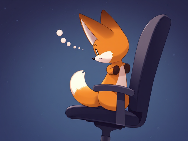 A highly detailed and very adorable illustration of a small two-tailed fox named Tails, struggling to climb onto an office chair due to his tiny size. Tails has his front paws on the seat of the chair, attempting to pull his cute little butt up that is dangling over the edge of the chair onto the seat as well. The world around Tails appears significantly larger than usual, emphasizing his tiny stature. A little brown fart cloud is emitting from his butt, adding a humorous touch to the scene
