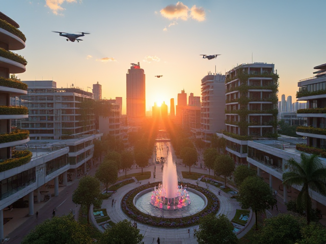 Ville futuriste intelligente au lever du soleil, bâtiments modernes avec des jardins suspendus et des panneaux solaires, drones livrant des colis, personnes utilisant des vélos électriques et voitures autonomes, fontaines colorées dans un parc central, ambiance joyeuse avec une architecture avant-gardiste intégrant la nature, ciel bleu clair avec quelques nuages blancs, vue aérienne à 45 degrés montrant l'harmonie entre technologie et environnement naturel