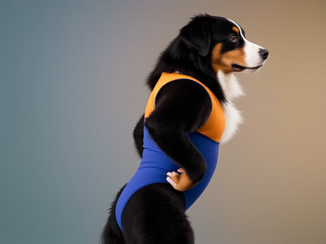 Bernese mountain dog with strong hips, wearing a colorful gymnastics leotard, in an athletic pose, vibrant background