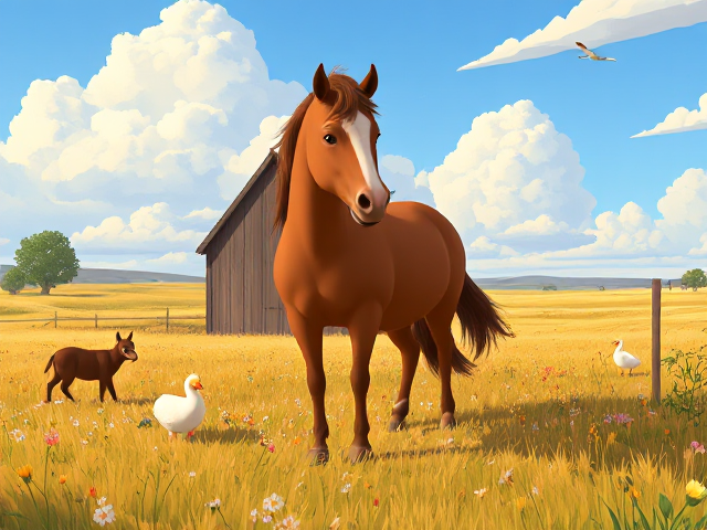 Une grande prairie avec un verger, une petite mare et des moutons, des poules, un jour d’été, des fleurs, des papillons.