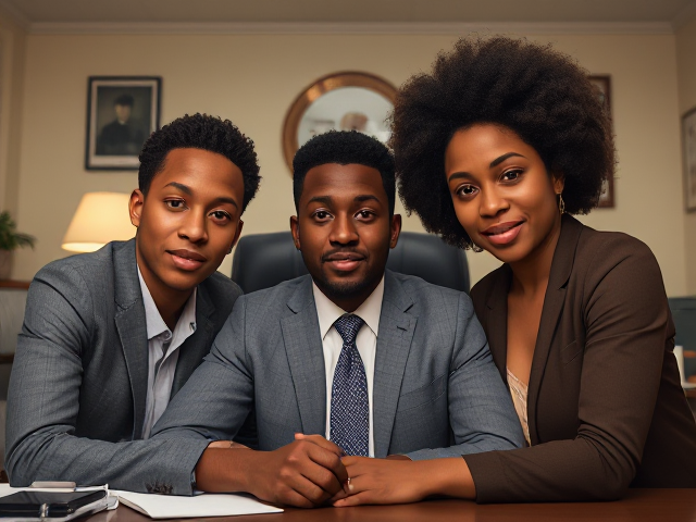 Parents afro-américains d'un élève dans le bureau du directeur d'école, ambiance chaleureuse et bien éclairée, décoration scolaire en arrière-plan, expressions faciales engageantes et concernées