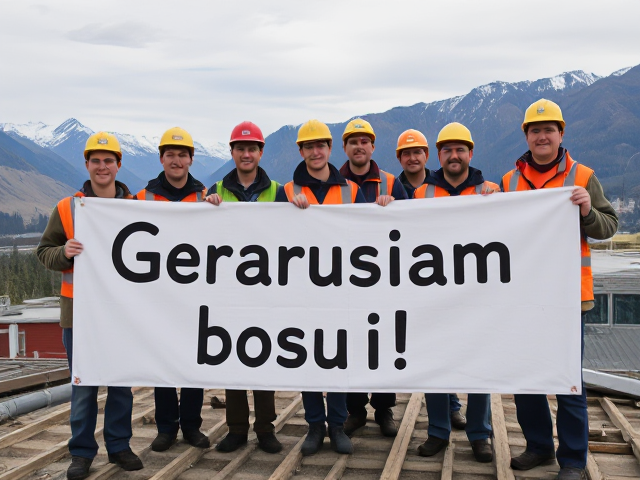 image in which group of workers are holdings big sign in which is writen this text: Geriausiam bosui! Few worker in back are holding smaller sign with blue text: Wilbergs.  do not change sign text. Workers are standing in construction on house roof,. scenery is norway mountains. do not change sign text.