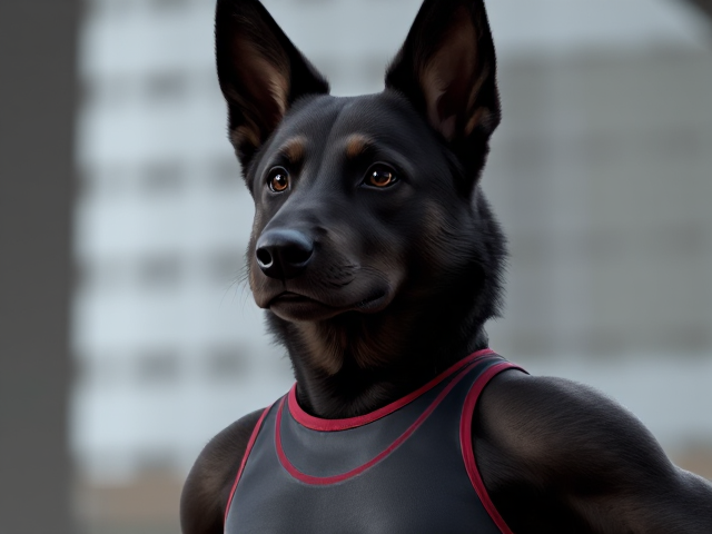 A anthropomorphic black German shepherd Olympic gymnast wearing a leotard