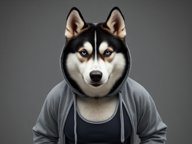A anthropomorphic Siberian husky wearing a hoodie over a sports swimsuit