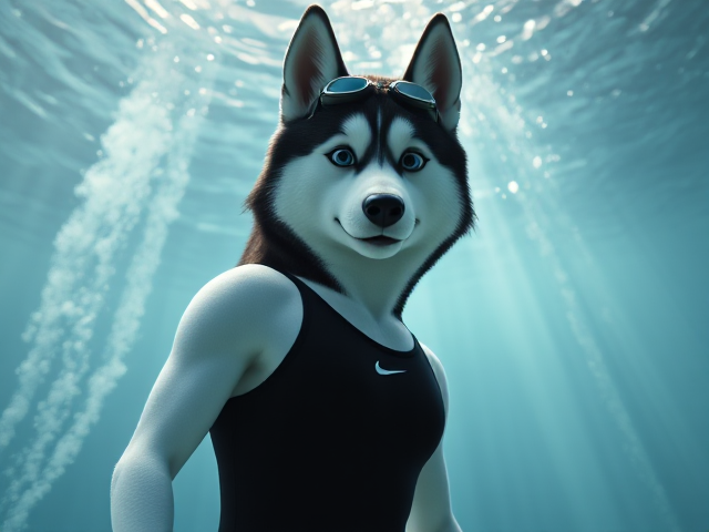 A tall and lean anthropomorphic Siberian husky with a long torso and broad shoulders, wearing a black Nike one piece swimsuit and swimming goggles, underwater