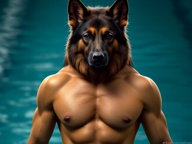 A tall anthropomorphic long haired German shepherd Olympic swimmer with a long torso, wearing a one piece swimsuit and swimming goggles