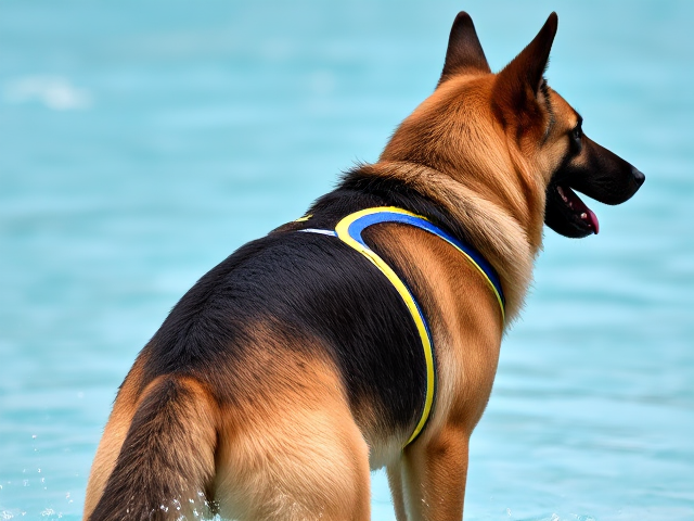 Anthropomorphic German shepherd with detailed fur texture, wearing a water polo swimsuit, showcasing an athletic build in a dynamic pose, vibrant colors, sharp focus