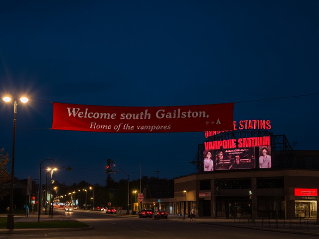 A hometown with a red banner with welcome to Gailston south Carolina home of the vampires written on it in white, and a minor league baseball stadium with vampires stadium billboard in red