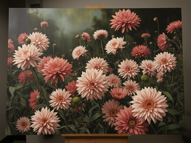 Dead dahlia garden, realistic painting on a stand with good lighting