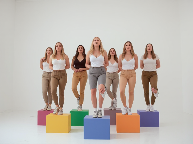 Large group of young blonde and brunette women in Urban Outfitters khakis and v-necks and Chucks sneakers each standing with one foot on top of a small colored riser posing like pterodactyls in a white room and singing