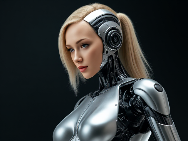 Futuristic humanoid female robot with sleek metallic body, intricate circuit internals, blonde