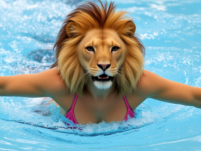 A anthropomorphic female lion synchronized swimmer