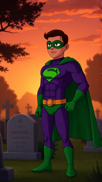 Modern Cartoon scene: A young, Autistic 25-year old boy with light skin and flat, smooth, and slick brown hair named T.J. Granger, but transformed into a genetically-altered superhero named Powerman, who, despite still being a young adult kid, has an extremely muscular body. He wears a sleek purple suit with a green P symbol on his chest, a gold belt with a circular buckle, green briefs, green boots, green long-cuffed gloves, a really big, toe-length long, ultra-wide green cape wreathed around his neck, and a green eye mask that protects his true identity. He also has incredible and invincible superpowers flowing through his veins. In this scene, Powerman is currently standing in a graveyard at sunset, visiting the grave of his deceased grandmother, paying his respects and wishing that she could have seen the superhero he has become.