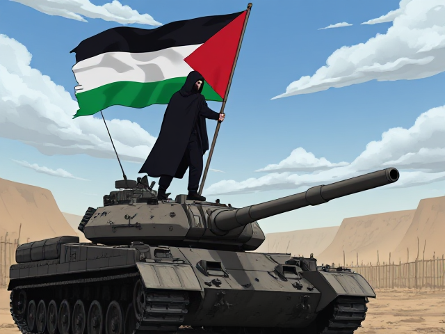 Accurate Palestinian Flag being waved by a hooded figure on top of an enemy destroyed tank as he is followed by the people of Palestine as a guardian after they have been surviving the attacks they are under. Animated in the style of the anime Naruto