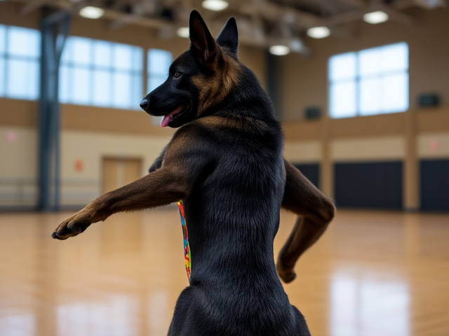 Anthropomorphic black German shepherd in a colorful gymnastics leotard performing in a gymnasium, dynamic pose, detailed fur, vivid colors, expressive eyes