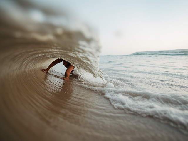 Woman crawling into the ocean shore perspective