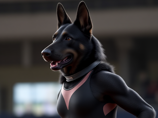 A anthropomorphic black German shepherd Olympic gymnast wearing a leotard