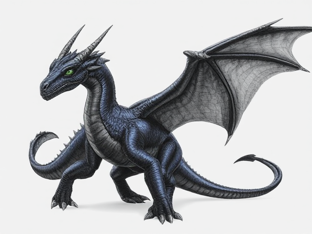 Young Female dragon with dark, midnight blue scales and obsidian black wings; obsidian black underbelly and clawed feet. She has small spikes that align from her head horns down to her back jaw. Her eyes are venom green. Narrow, beautiful face and an elegantly long neck. Has ears like a horse. Powerfully and dominantly built with taut muscles under her scales. She moves purposefully and proudly; has an expression of maturity and seriousness in her face
