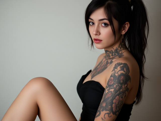 Young sad goth beauty with leg and arm tattoos, inked, neck to belly tattoo, dressed elegantly, graciously.