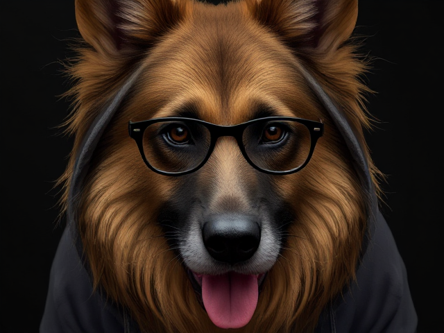 A anthropomorphic long-haired German shepherd wearing a hoodie, glasses, and leggings