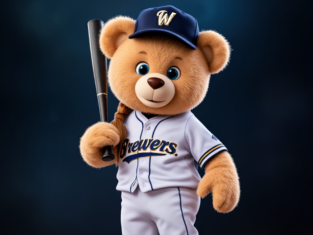 An athletic teddy bear braid shoulders light beige fur blue eyes wearing a brewers uniform navy hat white jersey white baseball pants navy socks white cleats holding a navy baseball bat smiling