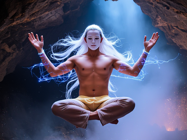 Homme torse nu en lévitation, porte un masque blanc sans visage,porte un pantalon traditionnels chinois, cheveux blancs et longs flottant autour de lui, lumières vibrantes courant le long de tout les méridiens chinois sur un corps, y compris les bras et la tête, iridescent et légèrement translucide révélant un réseau complexe de lumière intérieure. Il est assis en position du lotus dans une ambiance mystique et lumineuse, mettant en avant l'énergie vitale et la spiritualité. Environnement d'une grotte remplie de cristaux scintillants en arrière-plan, avec une douce brume accentuant l'atmosphère spirituelle. Détails raffinés des muscles illustrant l'harmonie entre le physique et le spirituel