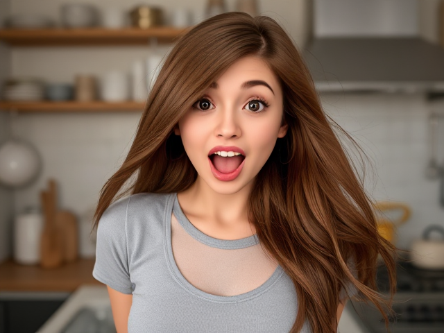 a hi res photorealistic beautiful woman, long brown hair swept back, eyes wide and mouth wide open with excitement. she is in a kitchen.