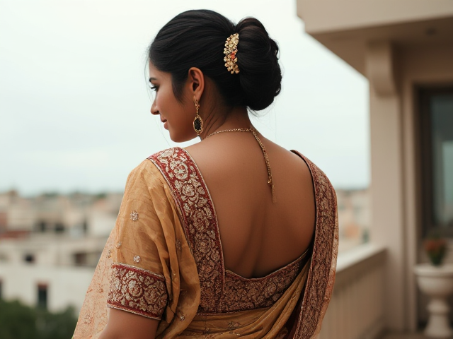 Indian woman in traditional Nikkah clothing with back turned on a balcony roof