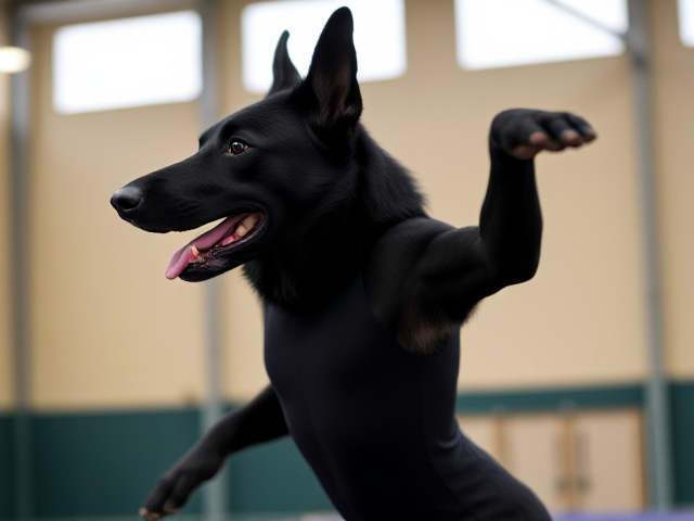 Anthropomorphic black German shepherd with broad shoulders, wearing a gymnastics leotard, inside a gymnasium, dynamic pose