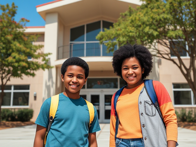 un couple afro américain avec leurs enfants souriants et heureux, debout devant l'école en période de rentrée des classes, vêtements colorés et variés, atmosphère joyeuse et ensoleillée, école moderne et propre avec une architecture attrayante, arbres verdoyants autour de l'école, ciel bleu sans nuages, lumière naturelle vive mettant en valeur les détails des vêtements et des visages, décorations festives à l'entrée de l'école