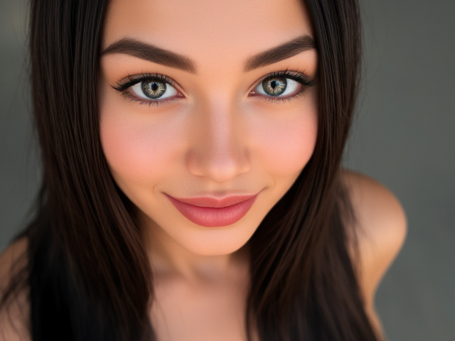 Beautiful Latina woman, captivating grayish-green eyes with a hint of depth and sparkle, long black straight hair cascading down her back like silk, thick and beautifully shaped eyebrows that accentuate her expressive gaze, fair and flawless skin with a porcelain-like texture, rosy cheeks with a healthy glow enhancing her youthful appearance, light pink thin lips forming a gentle and inviting smile, feminine silhouette with big round breasts and small round hips perfectly balanced, dressed in elegant attire that complements her allure, standing in a sunlit setting that highlights her charm and cuteness