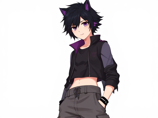 baggy cargo pants, sleeveless crop top vest, leather jacket. black and purple fluffy hair wolf cut style. Nonbinary. Anime. Male.
Oc.