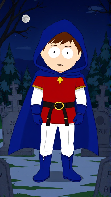 Dramatic Cartoon scene: Clyde Donovan from South Park, light skin and brown hair, but as a 14-Year Old teenager, dressed as a medieval prince, wearing a red shirt with white sleeves, a black belt with a gold buckle, white pants, blue boots, blue long-cuffed gloves, and wreathed in a really big, heel-length long, ultra-wide blue hooded cape around his neck held up by a golden button. He is now known as Prince Donovan. Despite still being a teen-age kid, he is the Youngest Ruler of South Park, Colorado, but now reborn as the real life Kingdom of Kupa Keep, Zaron, and Prince Donovan is its youngest and greatest hero. The young teen-age prince of Kupa Keep is currently standing in a graveyard at night, visiting the grave of his deceased mother, paying his respects while he wishes she could have seen the prince he has become.