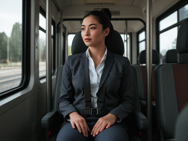 Full body image of a Fit Young business Woman on the bus  in a special needs carseat strapped in a  5 point harness