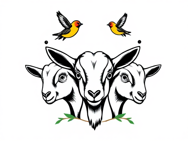 Draw a logo with three baby goats' faces and three honeyeater birds flying around them