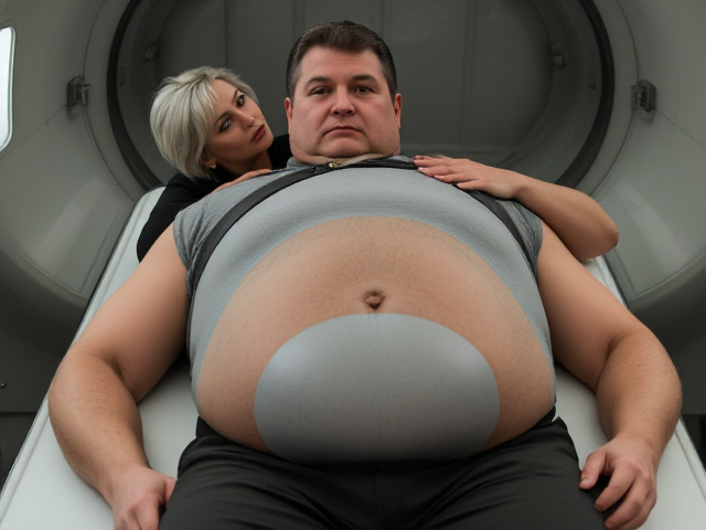 A middle age man of a strong, big build,  He has a serious expression. His body type is somewhat stocky, with a round and slightly protruding belly . He is wearing a sleeveless tight grey shirt and is wearing workpants, he is  laying flat on back on a table, his legs inside big capsule, his belly to big for capsule opening. A young smaller woman, with silver-white hair, has an intense and piercing  expression as she stands behind the man to his left shoulder of the table and touches the mans belly and kisses his lips, The man looks over his left shoulder to see her,  but his expression serious. This scene suggests a moment of tension or confrontation between the two characters.
The grey  "hump" under the man's chin is the man’s round belly, as the angle of the shot is of the man layin DOWN FLAT ON BACK,  harnessed in,strap going around round belly, arms still at the man’s sides.  and the camera is facing up from right under his round belly, camera angle adds to this effect