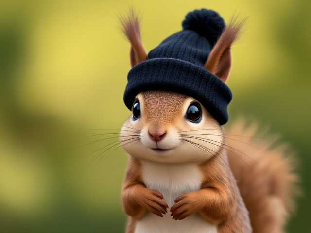 cartoon squirrel wearing a black beanie hat