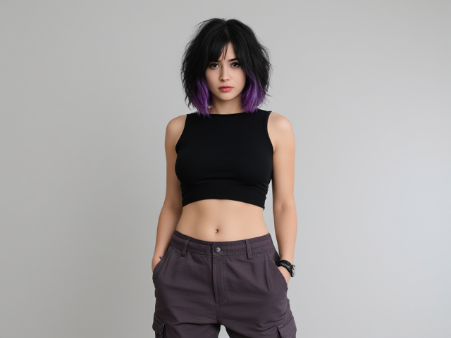 baggy cargo pants, sleeveless crop top, black and purple fluffy shirt hair. Nonbinary. Oc.