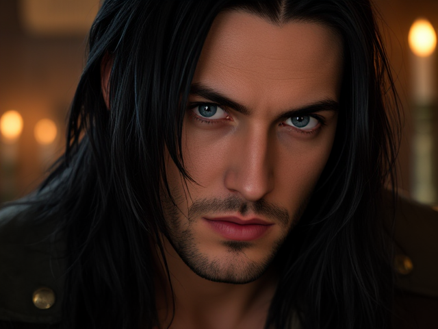 Generate an image/portrait of my a warhammer rpg character. He is a human, 25 years old, has long, black, bit greasy slicked back hair with a bit of unkept look. His eyes are pale grey. He is a hunter. Make the portrait look from a perspective of someone meeting him randomly in an inn. He is an emotional, empathetic person, but this is in conflict with his own comfortability and personal gain.