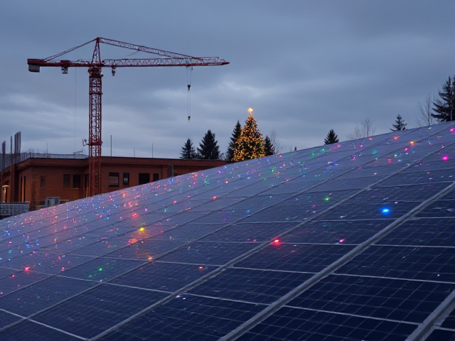 genere moi une image aux couleurs de noel sur un chantier de panneaux solaires