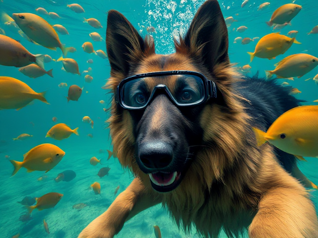 A long haired German shepherd Freediving while wearing Freediving goggles, surrounded by fish