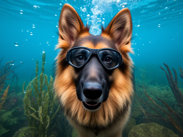 Long-haired German shepherd with intricately detailed fur pattern, adorned with sleek and modern freediving goggles, submerged in a vivid underwater scene filled with bubbles and diverse aquatic plants