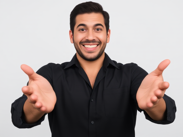 A realistic image of a confident man shown from the waist up, standing with an enthusiastic expression. He is wearing a fitted black shirt, with the top button open. His hands are outstretched slightly, palms facing upward in an inviting, excited gesture. His right hand is slightly higher than the left, and his fingers are naturally spread. The expression on his face is wide-eyed with a broad smile, exuding excitement and positivity. The lighting highlights his facial features, hands, and the folds of his shirt, creating a vibrant and dynamic appearance.