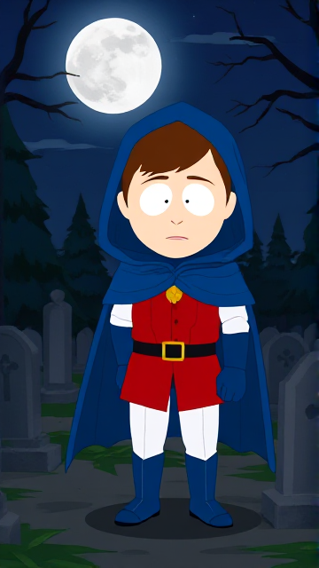Dramatic Cartoon scene: Clyde Donovan from South Park, light skin and brown hair, but as a 14-Year Old teenager, dressed as a medieval prince, wearing a red shirt with white sleeves, a black belt with a gold buckle, white pants, blue boots, blue long-cuffed gloves, and wreathed in a really big, heel-length long, ultra-wide blue hooded cape around his neck held up by a golden button. He is now known as Prince Donovan. Despite still being a teen-age kid, he is the Youngest Ruler of South Park, Colorado, but now reborn as the real life Kingdom of Kupa Keep, Zaron, and Prince Donovan is its youngest and greatest hero. The young teen-age prince of Kupa Keep is currently standing in a graveyard at night, visiting the grave of his deceased mother, paying his respects while he wishes she could have seen the prince he has become.