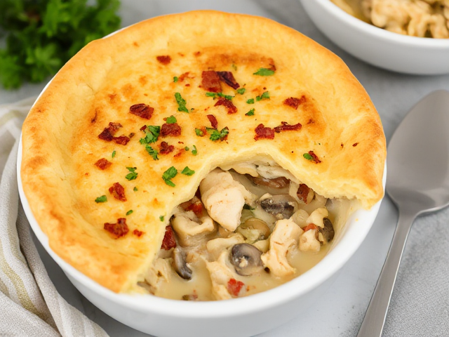 This gluten-free chicken pot pie has a cauliflower and cheese crust that holds a creamy filling loaded with tender chicken breast, bacon, mushrooms, and vegetables for a satisfying low-carb dinner