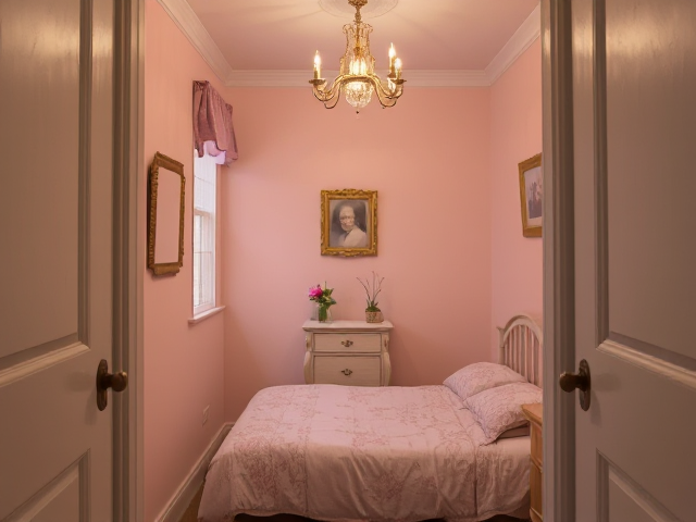 a tiny cramped closet room. a victorian cottage a feminine little girly bedroom in a cottage with a single bed and a small dresser. The walls were painted a pale pink. A small chandelier hung from the ceiling.