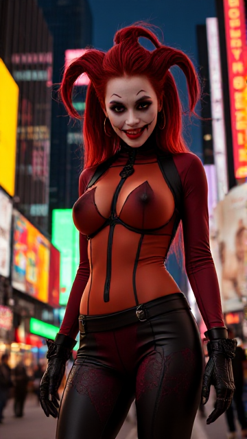 New York, time square, Joker Girl 25 years old, macabre, horror, Sharp mouth teeth, full body shot, tight clothes, technological details, Authentic background